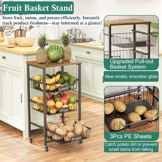 4-Tier Small Kitchen Storage Cart on Wheels, Metal Fruit Basket Stand - Image 4