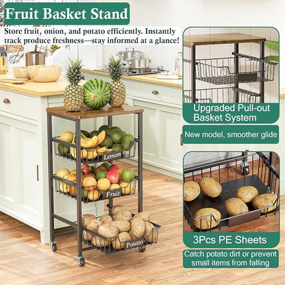 4-Tier Small Kitchen Storage Cart on Wheels, Metal Fruit Basket Stand - Image 4