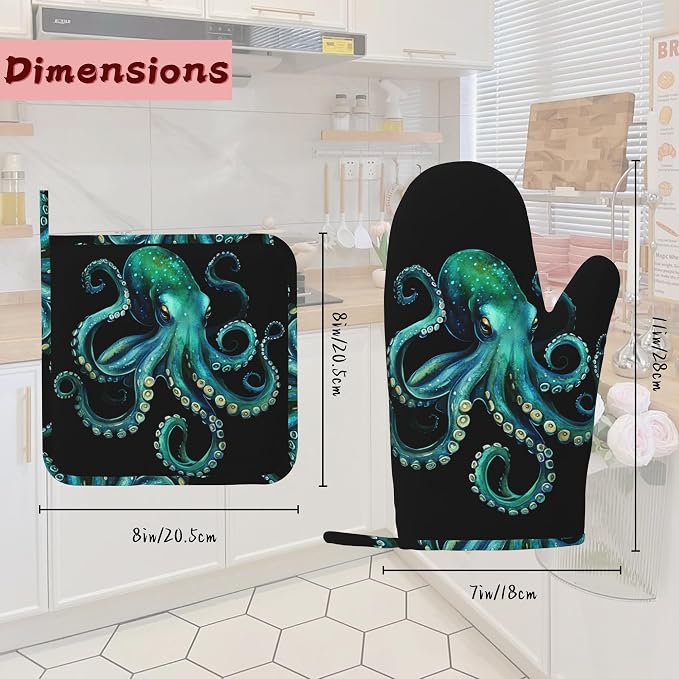 Octopus Silicone Oven Mitts and Pot Holders, Heat-Resistant 4 Piece Kitchen Set - Image 2