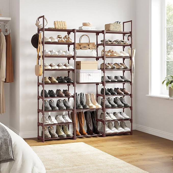 WOWLIVE 9 Tier 3-Column Shoe Rack, 50-55 Pairs Stackable Brown | 50in long - Image 4