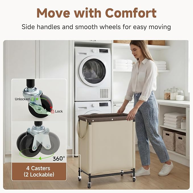 StorageWorks Laundry Hamper 2 Section, 100L Rolling Laundry Sorter Cart - Image 4