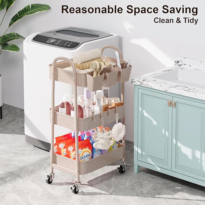 3 Tier Khaki Metal Utility Rolling Cart, Storage Cart - Image 3