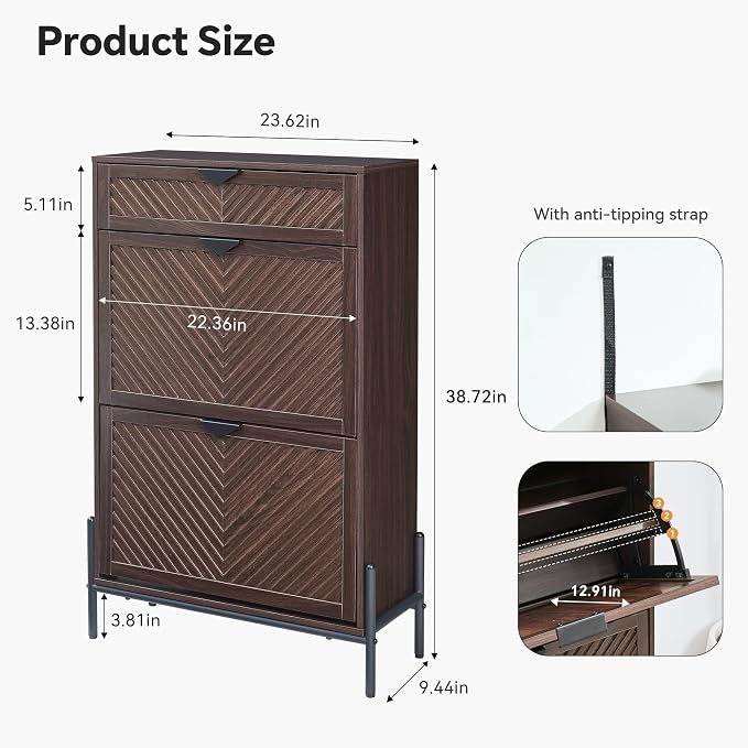 Shoe Cabinet with 2 Flip Drawers, Narrow Entryway Rack, Freestanding, - Image 8