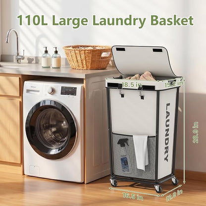 Laundry Hamper with Wheels and Lid, 110L Heavy Duty Rolling Laundry Basket - Image 2
