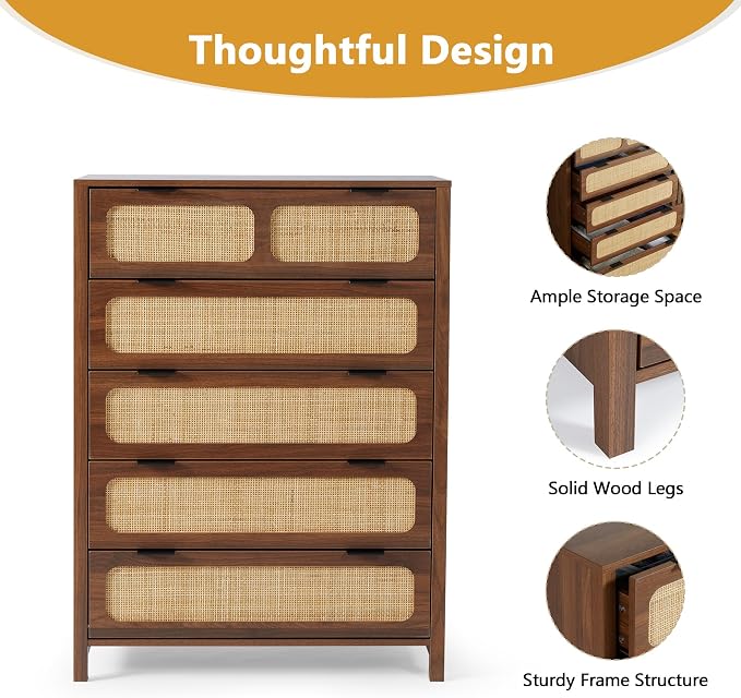 LEVNARY 5 Drawer Chest Dresser, Rattan Tall Dresser 5 Chest of Drawers Dressers - Image 4