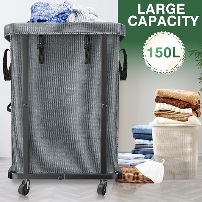 40 Gal Laundry Basket with Lid, Rolling Laundry Hamper with Wheels, Dirty - Image 2