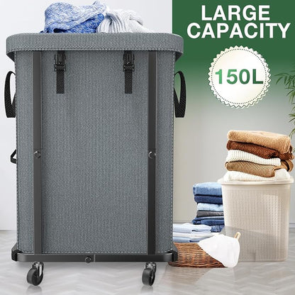 40 Gal Laundry Basket with Lid, Rolling Laundry Hamper with Wheels, Dirty - Image 2