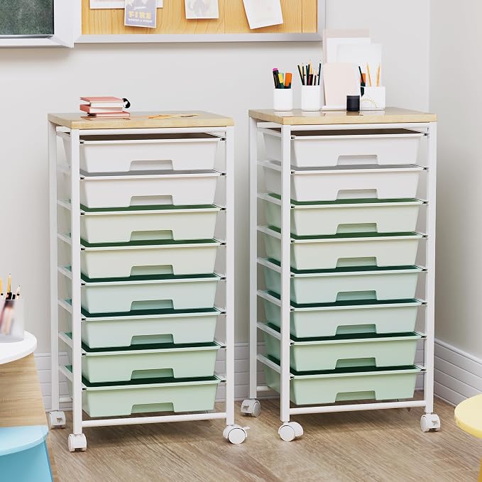 Rolling Cart with 8 Drawers, Storage Drawers Cart with Wooden Tabletop and - Image 3