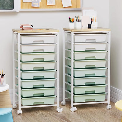 Rolling Cart with 8 Drawers, Storage Drawers Cart with Wooden Tabletop and - Image 3