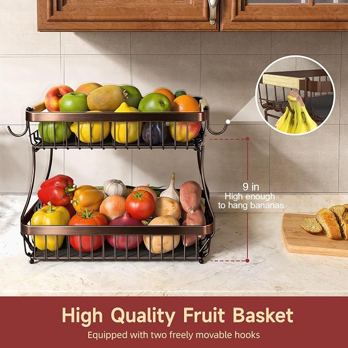 2-Tier Fruit Basket with Banana Hangers, Detachable Metal Bowl - Image 2