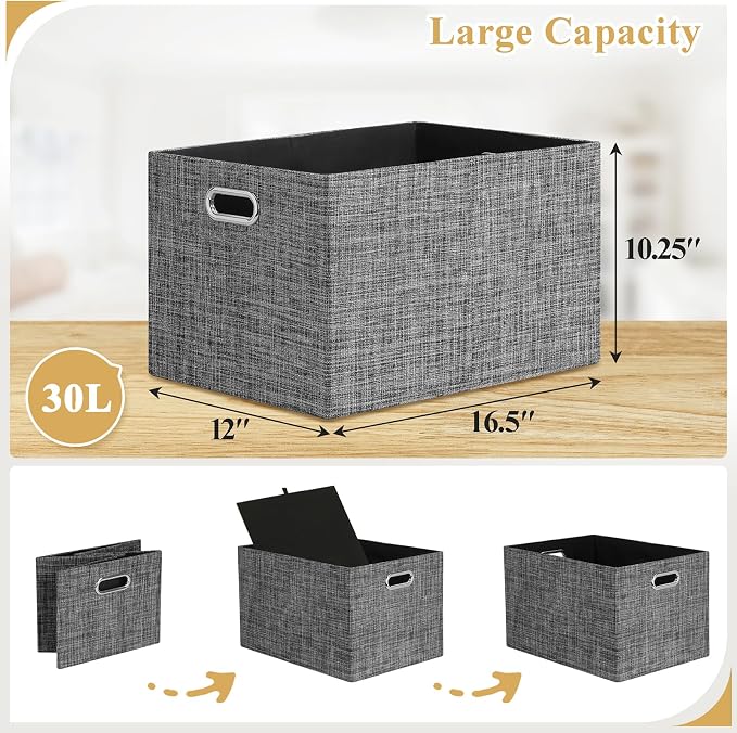 Posprica Closet Storage Bins, 4 Pack Large Closet Shelf Organizers, Linen - Image 3