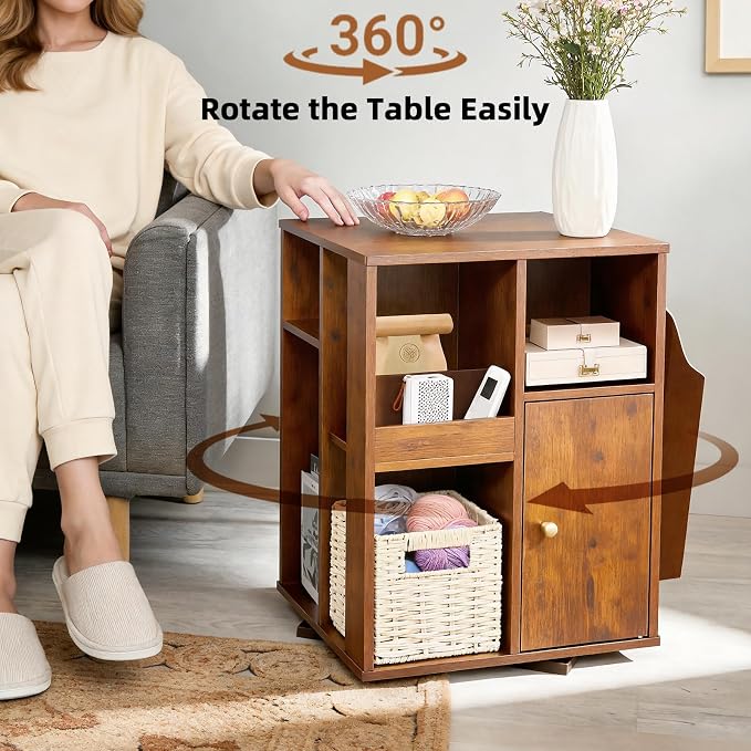 Square Rotating End Table with Storage, Rustic Brown | Side Table with Magazine - Image 4