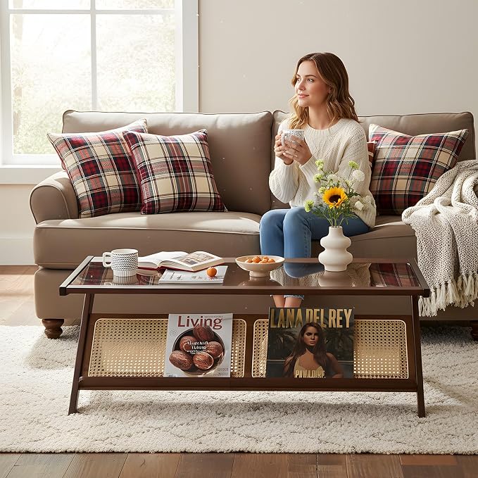 Tiita Rattan Coffee Table, Bamboo Accent Bedside Tables, Glass Nightstand Side - Image 2