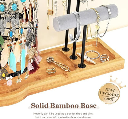 Jewelry Organizer Stand with Bamboo Base, Metal Rotating Earring Holder - Image 5