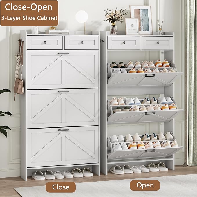 Shoe Cabinet with 3 Flip Drawers & 2 Top Drawers, Hidden Slim Shoe Rack - Image 4
