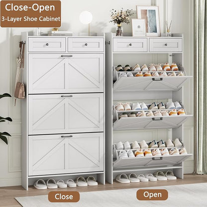 Shoe Cabinet with 3 Flip Drawers & 2 Top Drawers, Hidden Slim Shoe Rack - Image 4