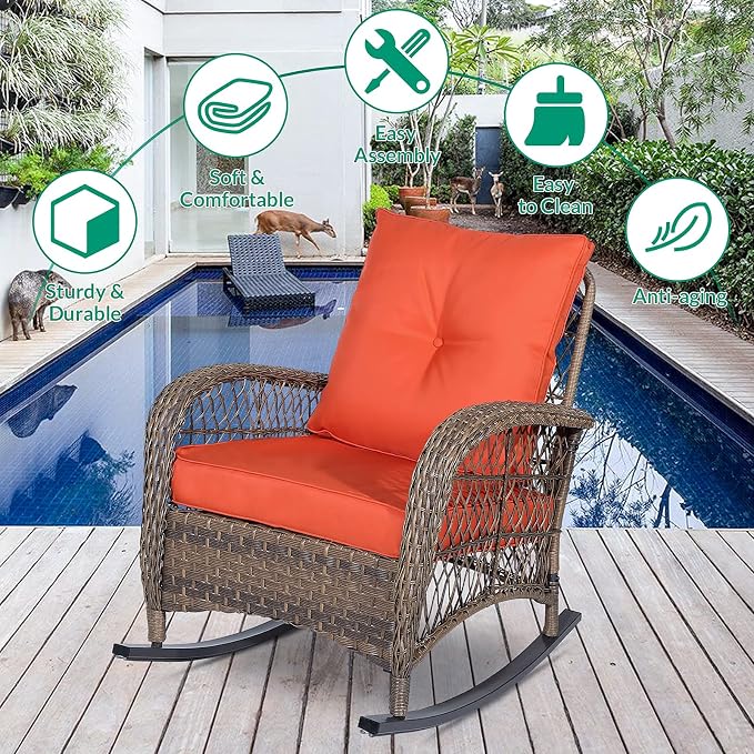 VIVIJASON Outdoor Wicker Rocking Chair, Patio Rattan Rocker Chair - Image 5