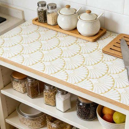Shelf Liners Non Adhesive Gold Background White Fan-Shaped Pattern - Image 3