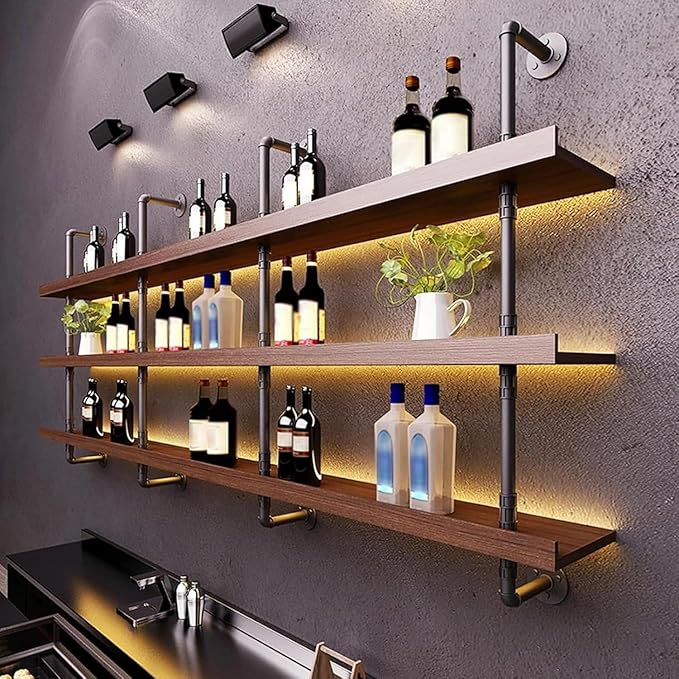 Large Wine Rack with LED Light Solid Wood Wall Mounted Wine Rack, 3-Tiers by Dawselod
