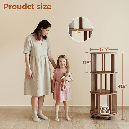 3-Tier Rotating Bookshelf on Wheels, 360° Spinning Bookshelf Tower, Round - Image 2