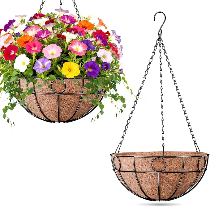 2 Pack Round Hanging Baskets for Plants Outdoor, 12 Inch Metal Wire Planter by ZeeDix