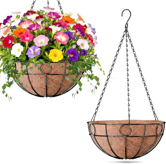 2 Pack Round Hanging Baskets for Plants Outdoor, 12 Inch Metal Wire Planter by ZeeDix