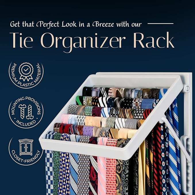 TieMaster Tie Rack and Scarf Organizer, Battery-Free Design, Holds 60 Ties and - Image 2
