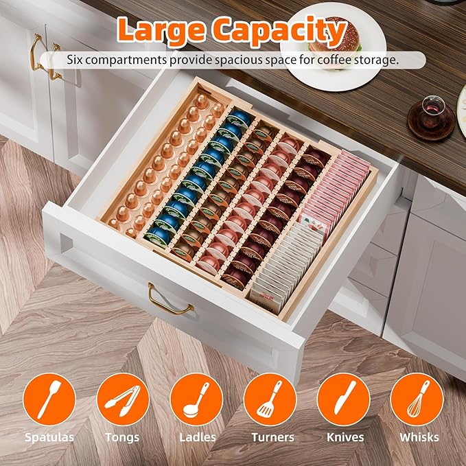 Simple Trending Bamboo Coffee Pod Holder Drawer, Expandable K Cup Pod Storage - Image 6