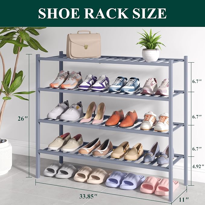 Smiry Bamboo Shoe Rack for Closet, 4 Tier Long Wooden Stackable Shoe Organizer - Image 2