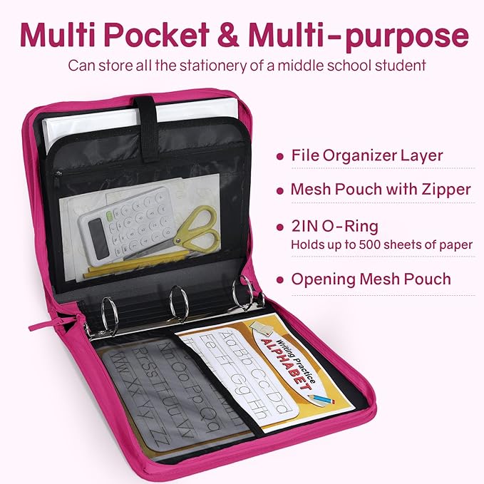 SUNEE Zippered Binder Bag with Handle, 2-Inch 3-Ring O-Ring, 500-Sheet Capacity - Image 3