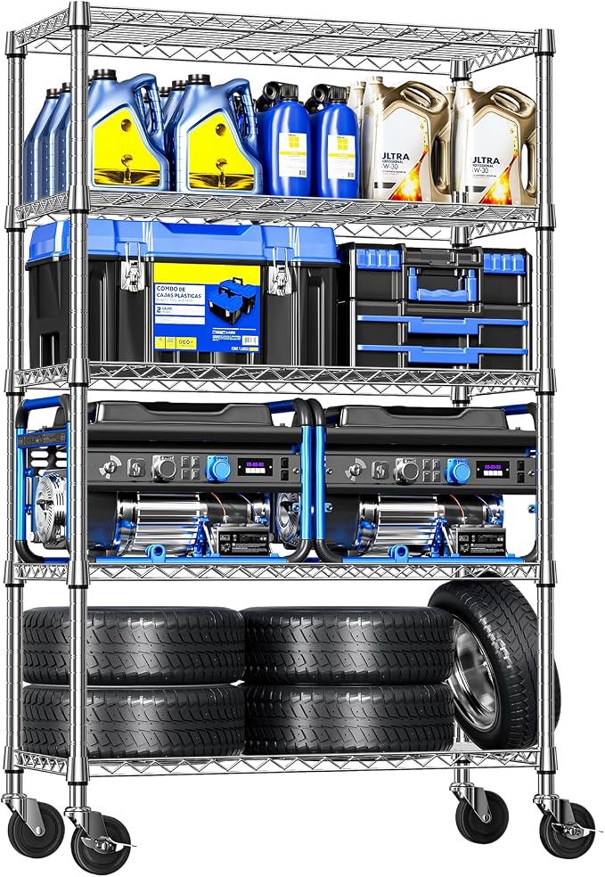 Garage Shelving Unit with Wheels, 48” Heavy Duty Metal Storage Shelf Rack | by IZEUK