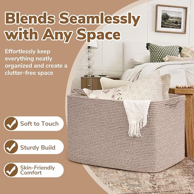 Goodpick 105L Large Woven Storage Basket, Rectangle Cotton Rope Basket - Image 5