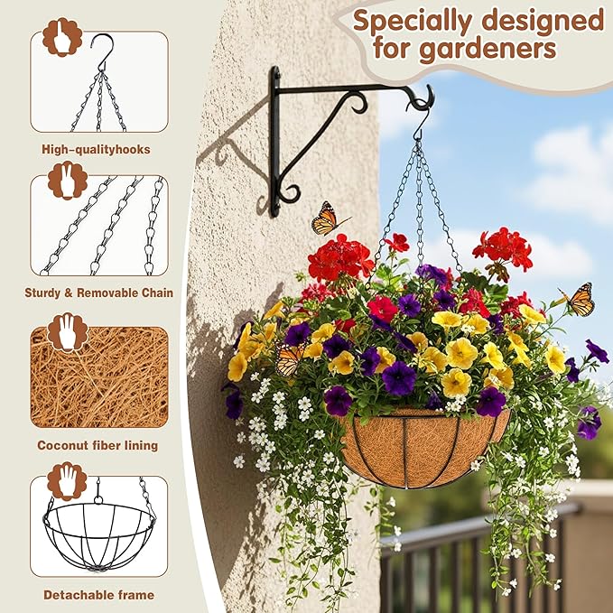 12 inch Metal Hanging Baskets For Plants Outdoor 4 Pack Round Metal Wire - Image 5