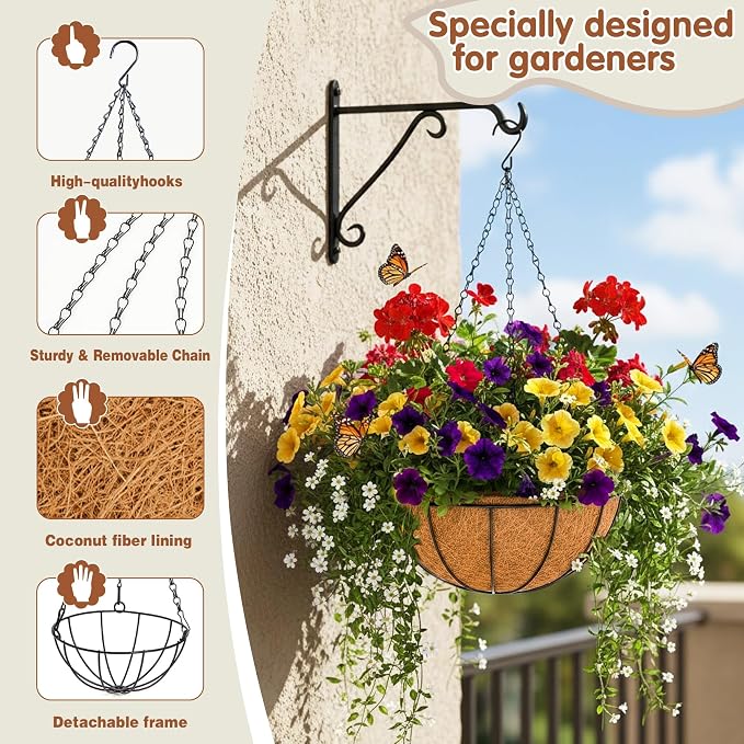 14 inch Metal Hanging Baskets For Plants Outdoor 4 Pack Round Metal Wire - Image 6
