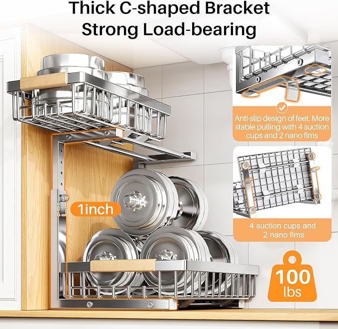 PXRACK Under Sink Organizer, Adjustable Height, 2 Tier Pull Out Cabinet - Image 6