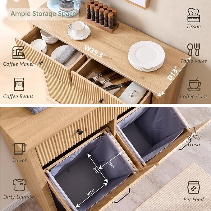 Modern Double Tilt-Out Laundry Hamper Cabinet, 20 Gallon Fluted Trash Can - Image 3