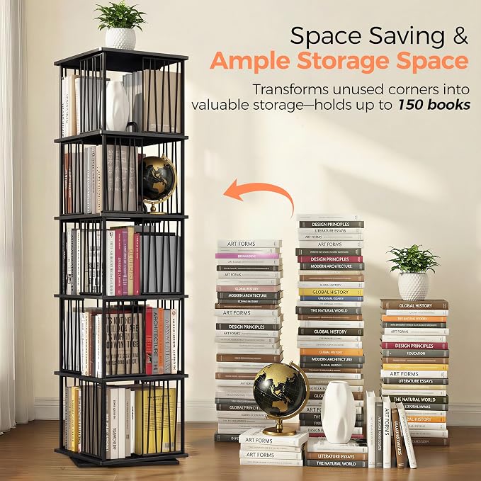 Black Rotating Bookshelf Tower 360° 5 Tier Tall Revolving Bookcase | Narrow - Image 4