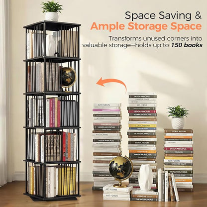 Black Rotating Bookshelf Tower 360° 5 Tier Tall Revolving Bookcase | Narrow - Image 4