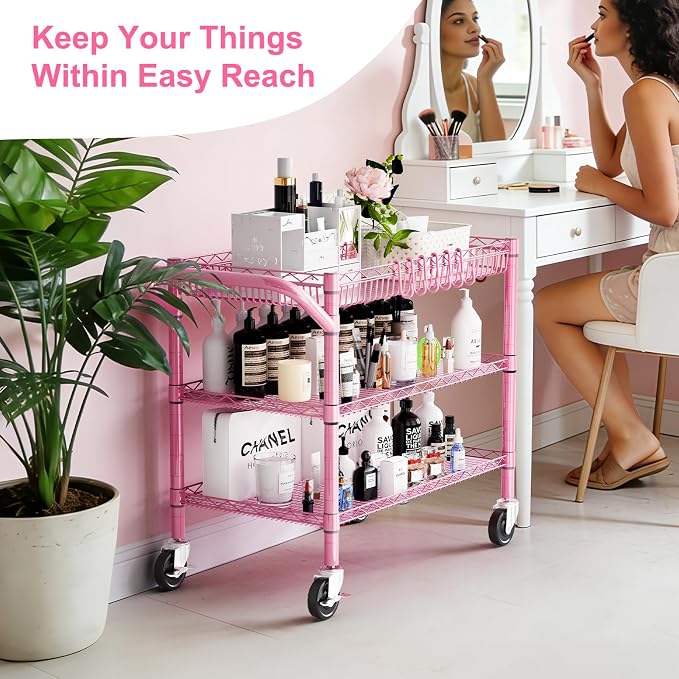 Pink Rolling Utility Cart with Wheels, 990Lbs Heavy Duty Metal Cart with Handle - Image 3