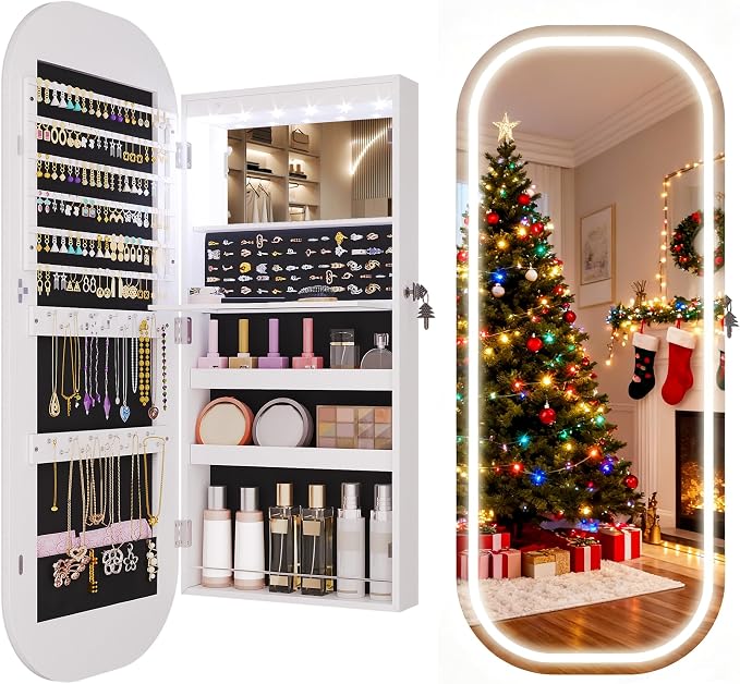 LVSOMT LED Mirror Jewelry Cabinet, Wall/Door Mount Jewelry Mirror Organizer by DecorateHomeatEase