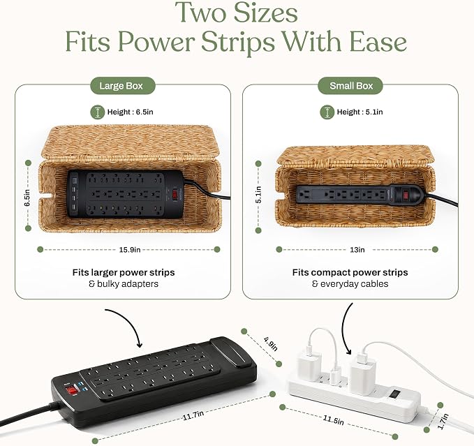 Cable Management Box Set of 2 Sizes, Handmade Rattan Cable Organizer - Image 2