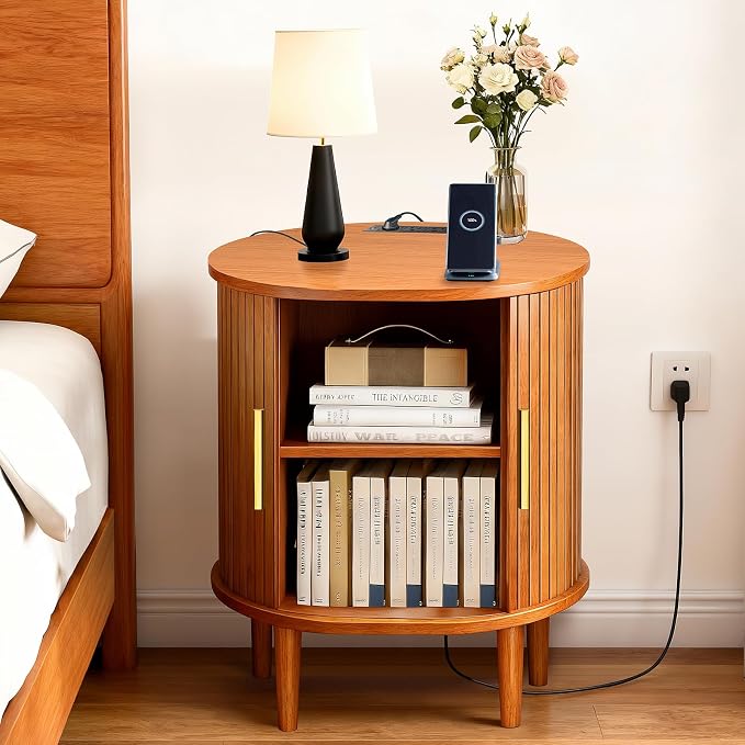 Nightstands Set of 2 & Charging Station, Fluted Accent Side Table - Image 3