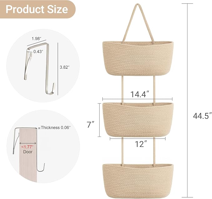 Dahey Over The Door Hanging Basket Storage 3-Tier Woven Wall Basket, Jute | - Image 4