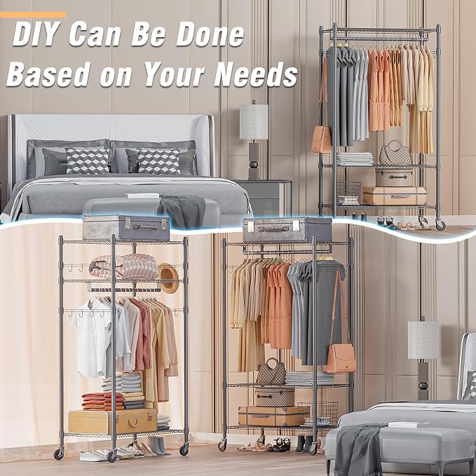 Homdox Garment Rack Heavy Duty, 3 Tier Rolling Clothing Racks - Image 6