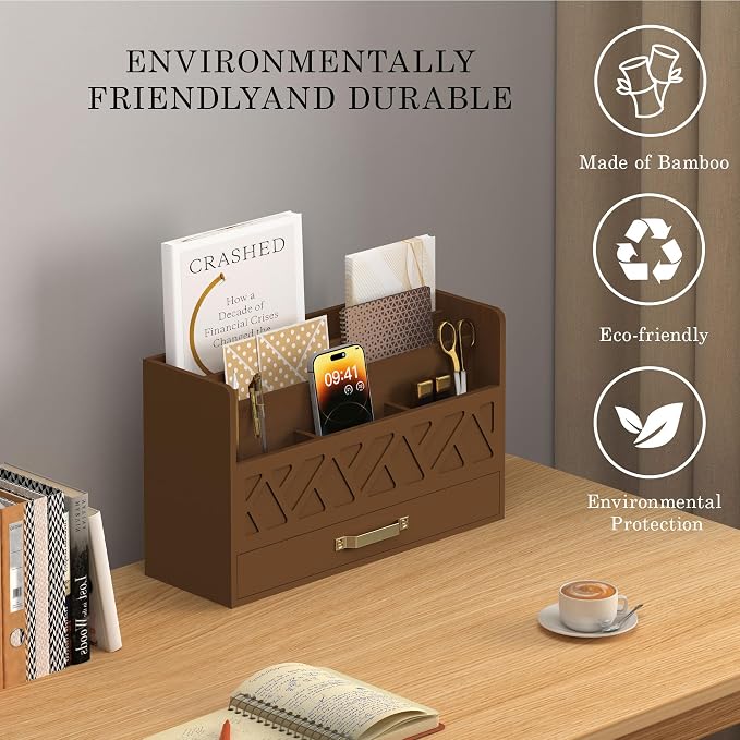 Bamboo Mail Organizer Countertop Wood Desk Organizer Drawer Tabletop Storage - Image 4