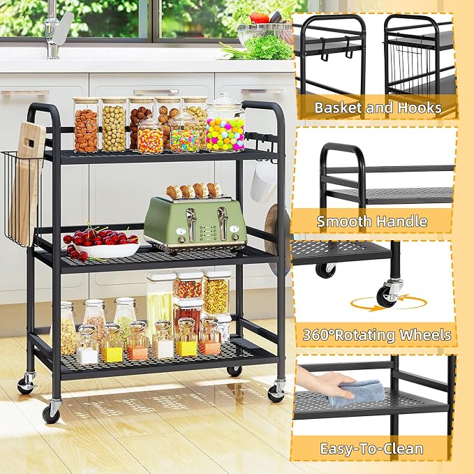 HDANI 3 Tier Metal Mesh Utility Cart, Large Capacity Multipurpose Heavy Vehicle - Image 9