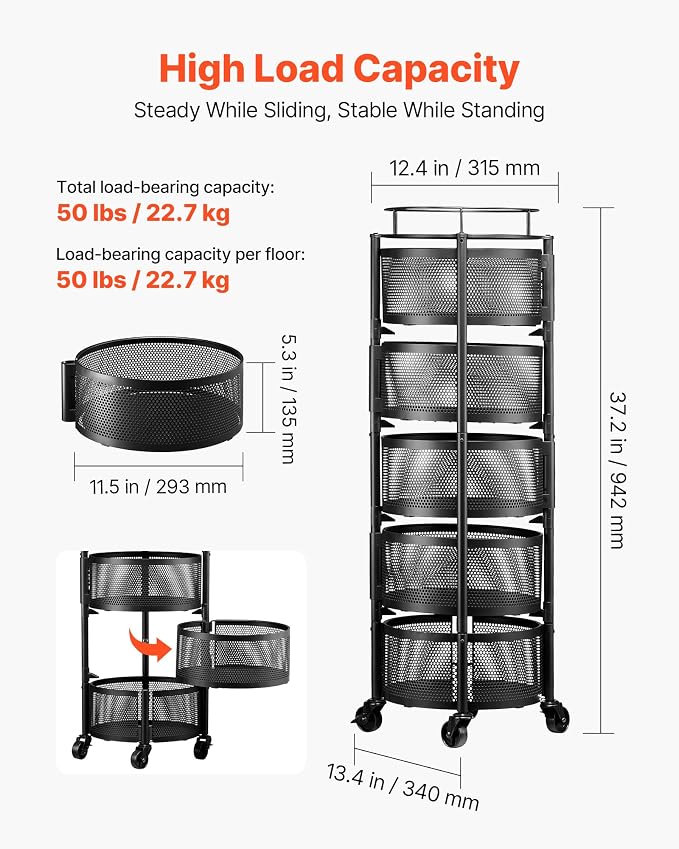 VEVOR Rotating Storage Rack Cart, 5 Tier Fruit and Vegetable Basket Bowls - Image 3