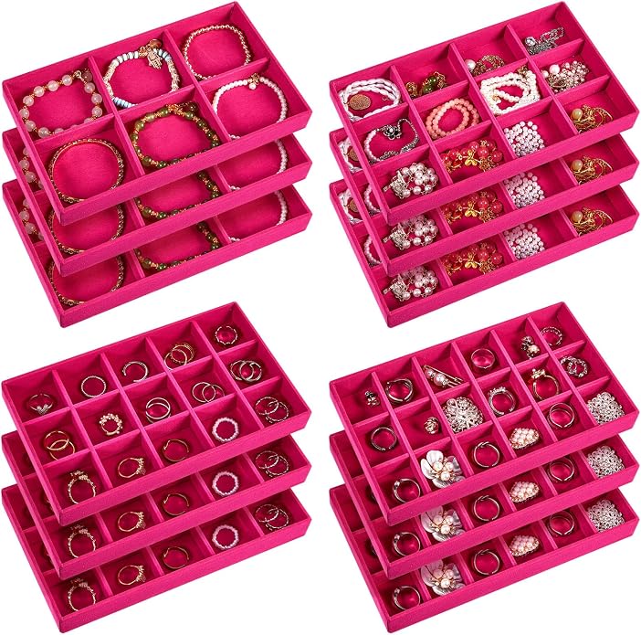 Junkin 12 Pcs Jewelry Tray Velvet Stackable Jewelry Organizer Trays Divided by Junkin