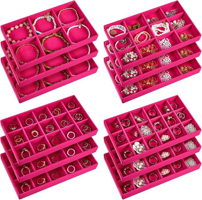Junkin 12 Pcs Jewelry Tray Velvet Stackable Jewelry Organizer Trays Divided by Junkin