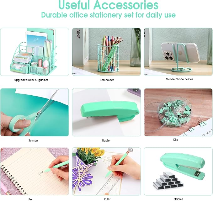 KAAKOW Green Desk Organizers and Accessories Office Supplies Set Stapler - Image 5